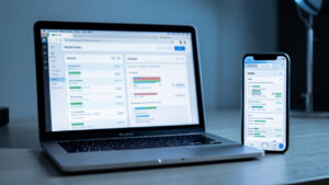 Vue réaliste d’un ordinateur portable et d’un smartphone affichant une interface de page web avec un historique de révisions et une comparaison des différences, éclairage studio doux et style documentaire.