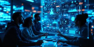 Illustration futuriste montrant une équipe évaluant une agence d’intelligence artificielle, avec des interfaces holographiques et des écrans de workflow en bleu et cyan.