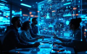 Illustration futuriste montrant une équipe évaluant une agence d’intelligence artificielle, avec des interfaces holographiques et des écrans de workflow en bleu et cyan.