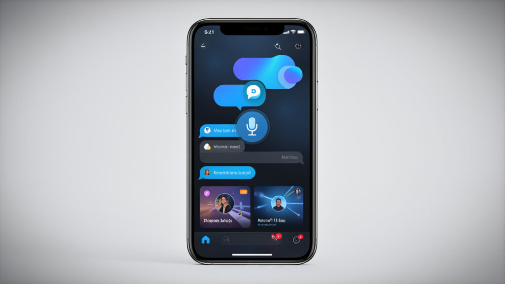 Smartphone moderne affichant une interface visuelle d’assistant IA conversationnel avec symbole de microphone et panneaux d’analyse d’image.