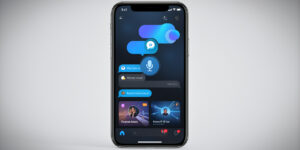 Smartphone moderne affichant une interface visuelle d’assistant IA conversationnel avec symbole de microphone et panneaux d’analyse d’image.