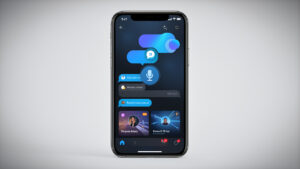 Smartphone moderne affichant une interface visuelle d’assistant IA conversationnel avec symbole de microphone et panneaux d’analyse d’image.