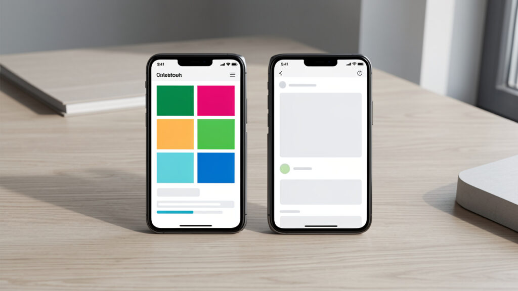 Deux smartphones pliables ouverts côte à côte sur un bureau en bois, avec des interfaces abstraites aux couleurs sobres éclairées par la lumière naturelle.