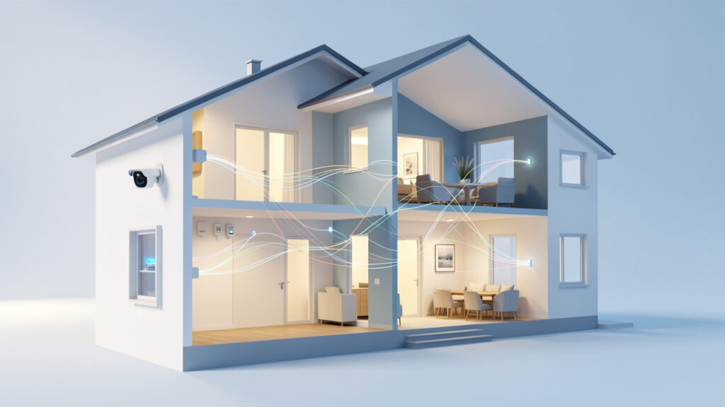 Illustration réaliste et sobre d’une maison connectée équipée d’un thermostat, d’une caméra de sécurité et de plusieurs capteurs, avec des flux de données visualisés entre les appareils.