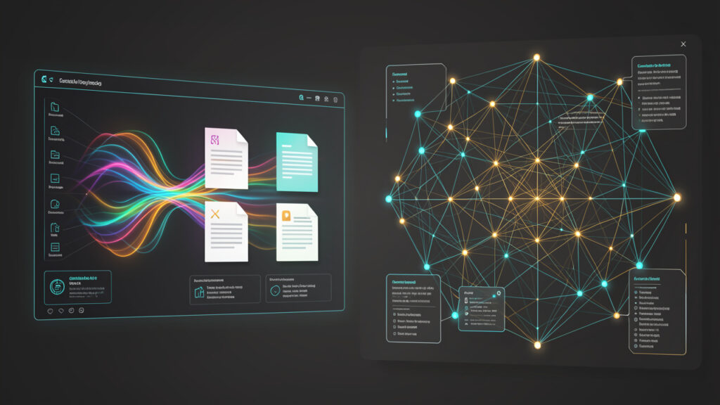 Illustration éditoriale sobre et réaliste montrant deux interfaces technologiques distinctes : une IA générative produisant une image abstraite à partir de flux lumineux, et une intelligence artificielle générale représentée par un vaste réseau interconnecté et polyvalent.
