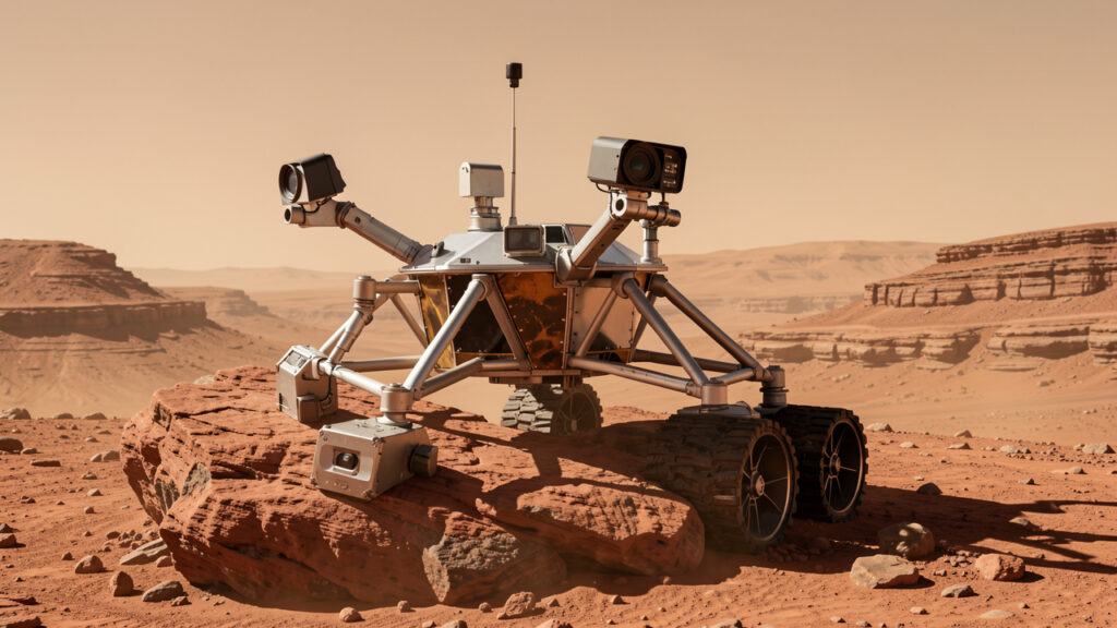 Rover martien réaliste analysant une roche rougeâtre avec ses caméras et son spectromètre sur la surface de Mars.