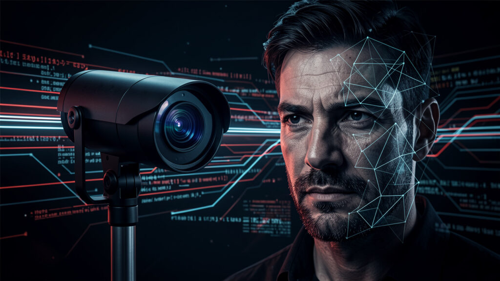 Illustration éditoriale sombre montrant une caméra de surveillance, des flux de données lumineux et un visage masculin fragmenté par des formes géométriques évoquant une interface algorithmique.