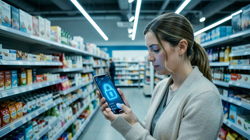 Une femme consulte une application de fidélité sur son smartphone dans un supermarché, avec un cadenas numérique lumineux et une ambiance discrète de cybersécurité dans des tons bleus.