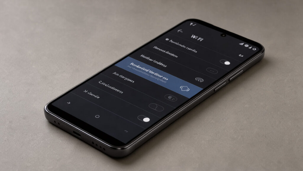 Smartphone moderne affichant une interface de paramètres Wi-Fi avec une option d’adresse MAC aléatoire mise en évidence, sans contenu lisible.